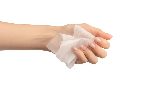 Мокрое Вытирание Женской Руки Белом Фоне Мытье Рук Изолировано — стоковое фото