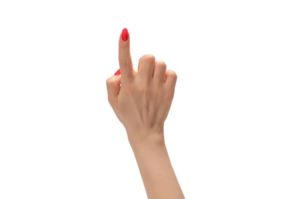 Крупный План Женской Руки Бледной Кожей Красными Ногтями Указывающими Касающимися — стоковое фото