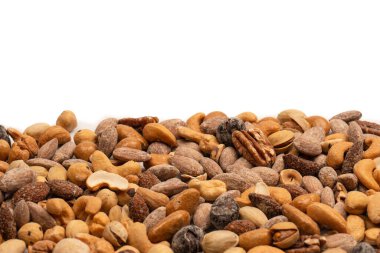 Lezzetli tuzlu fındık karışımı. Bir grup badem, fıstık, ceviz, macadamia, kaju..