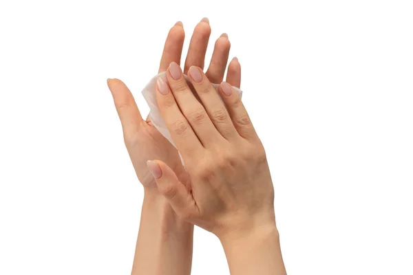 Toalhita Molhada Uma Mão Mulher Isolada Fundo Branco Lavar Mãos — Fotografia de Stock