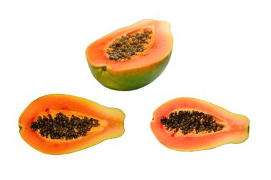 Papaya meyvesi beyaz arka planda izole edilmiş. Tropik meyve. Yarı papaya. Üst görünüm. 