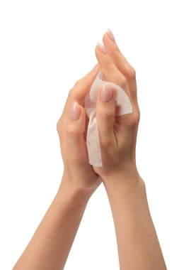 Beyaz arka planda izole edilmiş bir kadının ıslak mendili. Yıkanan eller izole.. 
