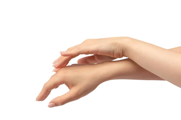 Γυναίκα Χέρια Απομονώνονται Λευκό Φόντο Βερνίκι Νυχιών — Φωτογραφία Αρχείου