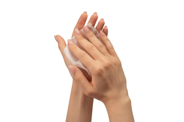 用被白色背景隔离的女人的手擦拭 洗手被隔离 — 图库照片