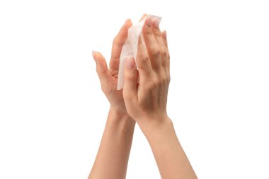 Beyaz arka planda izole edilmiş bir kadının ıslak mendili. Yıkanan eller izole.. 