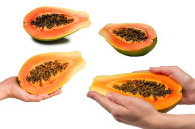 Papaya meyvesi beyaz arka planda izole bir şekilde kadınların elinde. Tropik meyve. Yarım papaya.. 