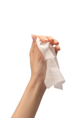 Beyaz arka planda izole edilmiş bir kadının ıslak mendili. Yıkanan eller izole.. 