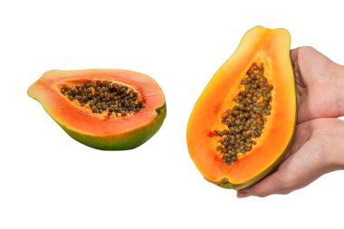 Papaya meyvesi beyaz arka planda izole edilmiş. Tropik meyve. Yarı papaya. Üst görünüm. 