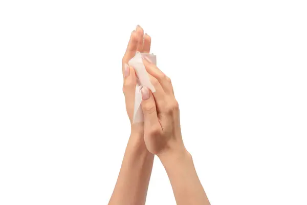 Wet Wipe Woman Hand Isolated White Background Washing Hands Isolated — Stock Photo, Image