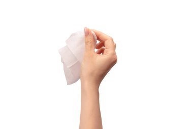 Beyaz arka planda izole edilmiş bir kadının ıslak mendili. Yıkanan eller izole.. 