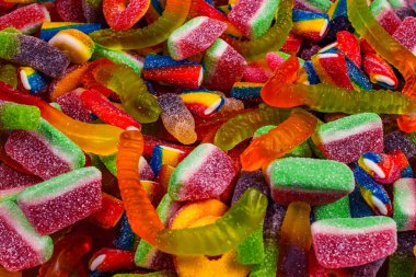 Lezzetli jelibon şekerler. Üst Manzara. Jöle tatlısı arka planı. 