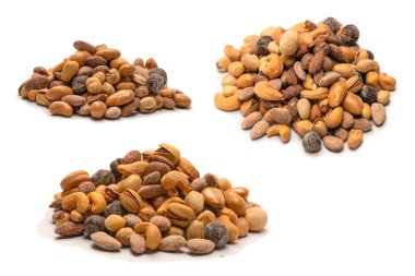 Lezzetli tuzlu fındık karışımı. Bir grup badem, fıstık, ceviz, macadamia, kaju..