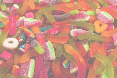 Lezzetli jelibon şekerler. Üst Manzara. Jöle tatlısı arka planı. 