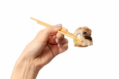 Unagi, beyaz bir arka planda el ele tutulmuş bir kadın suşisinde.. 