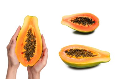 Papaya meyvesi beyaz arka planda izole bir şekilde kadınların elinde. Tropik meyve. Yarım papaya.. 
