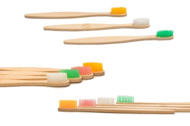 Bambu diş fırçası beyaz arka planda izole edilmiş. Üst görünüm. 