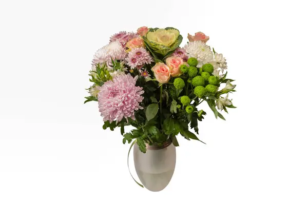 Bouquet Flowers Pink Roses Brassica Flower Chrysanthemum Freesia Flower Vase Stock Image