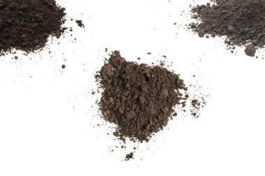 Beyaz arka planda izole edilmiş bitkiler için kara toprak. Yer deseni.