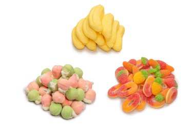 Marshmallow fruit candys isolated on a white background. 