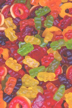 Renkli sakızlı şekerler. Üst Manzara. Jöleli çörekler. Jöle ayılar.  