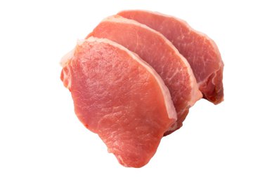 Beyaz arka planda çiğ domuz parçaları. Üst görünüm. 