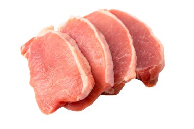 Beyaz arka planda çiğ domuz parçaları. Üst görünüm. 