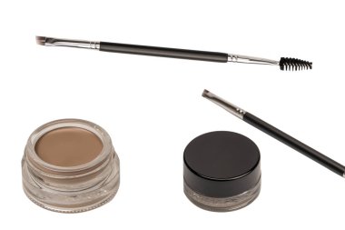 A brow pomade in blonde shade with brush isolated on a white background. Make up. 