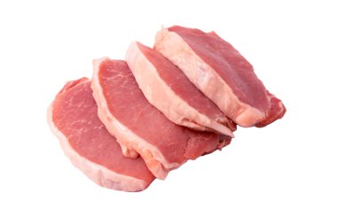 Beyaz arka planda çiğ domuz parçaları. Üst görünüm. 