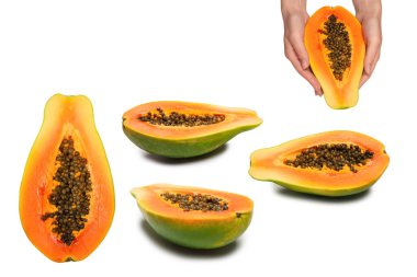 Papaya meyvesi beyaz arka planda izole edilmiş. Tropik meyve. Yarı papaya. Üst görünüm. 