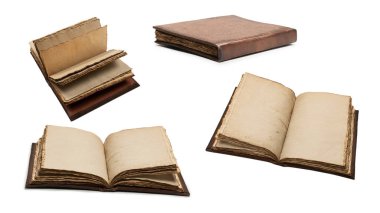 Beyaz bir arkaplanda izole edilmiş boş eski bir defter. Boşluğu kopyala.  