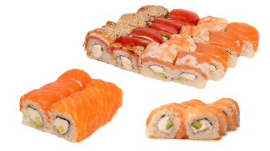 Krem peynirli suşi ve beyaz arka planda izole edilmiş yılan balığı.. 