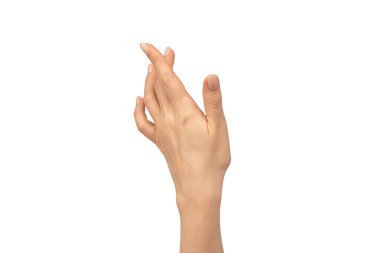 Kadın elleri beyaz bir arka planda izole edilmiş. Çıplak tırnak cilası. 