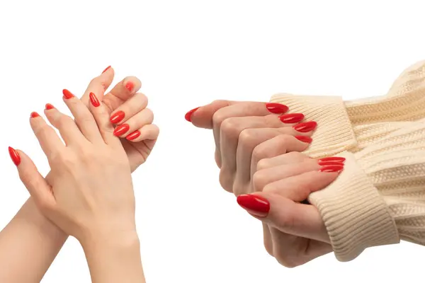 Ręce Kobiety Czerwonymi Paznokciami Odizolowane Białym Tle Czerwony Lakier Paznokci Zdjęcie Stockowe