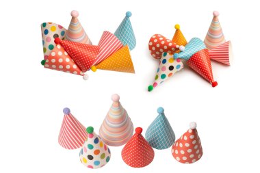 A group of bright and colorful birthday caps isolated on a white background. Holidays cocept. 