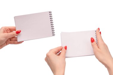 Kırmızı tırnaklı kadınların elinde boş beyaz kağıt olan bir defter. Boşluğu kopyala. 