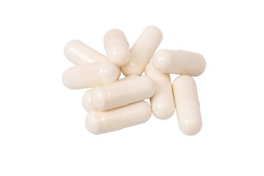 Beyaz arka planda izole edilmiş beyaz hap kapsülü. 