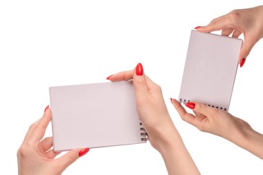 Kırmızı tırnaklı kadınların elinde boş beyaz kağıt olan bir defter. Boşluğu kopyala. 