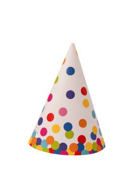 Beyaz arkaplanda izole edilmiş renkli doğum günü şapkası.