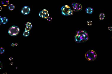 Sabun köpükleri siyah arka planda izole edilmiş. Boşluğu kopyala. 