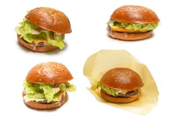 Hamburger beyaz arka planda izole edilmiş. Üst görünüm. 