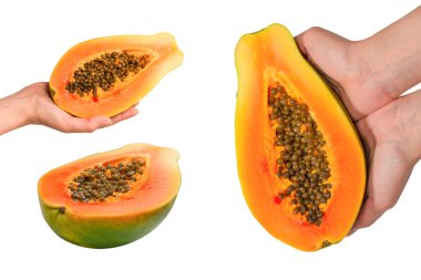 Papaya meyvesi beyaz arka planda izole edilmiş. Tropik meyve. Yarı papaya. Üst görünüm. 