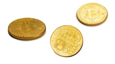 Beyaz arka planda izole edilmiş bir bitcoin. Üst görünüm. 
