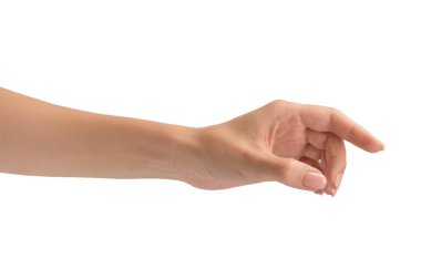 Beyaz arka planda çıplak manikürlü kadın elleri. 