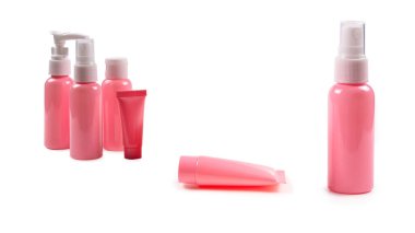 Beyaz arka planda hijyen ürünleri, kozmetik ürünleri, hijyen ürünleri için pembe plastik şişeler. Boşluğu kopyala.