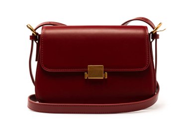Burgundy omuz deri çanta beyaz arka planda izole. 