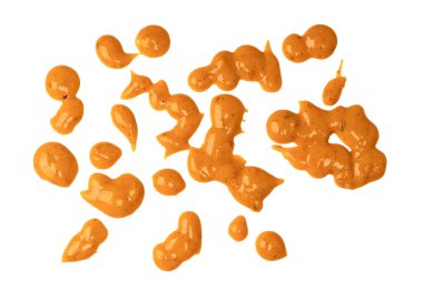 Sarı sos arka plan olarak sıçrıyor. Üst görünüm. 