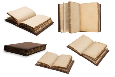 Beyaz bir arkaplanda izole edilmiş boş eski bir defter. Boşluğu kopyala.  