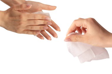 Beyaz arka planda izole edilmiş bir kadının ıslak mendili. Yıkanan eller izole.. 