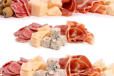 Şarap için atıştırmalık bir tabak. Peynir, zeytin, salam, jamon beyaz bir sırt çantasına izole edilmiş.. 
