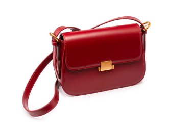 Burgundy omuz deri çanta beyaz arka planda izole. 